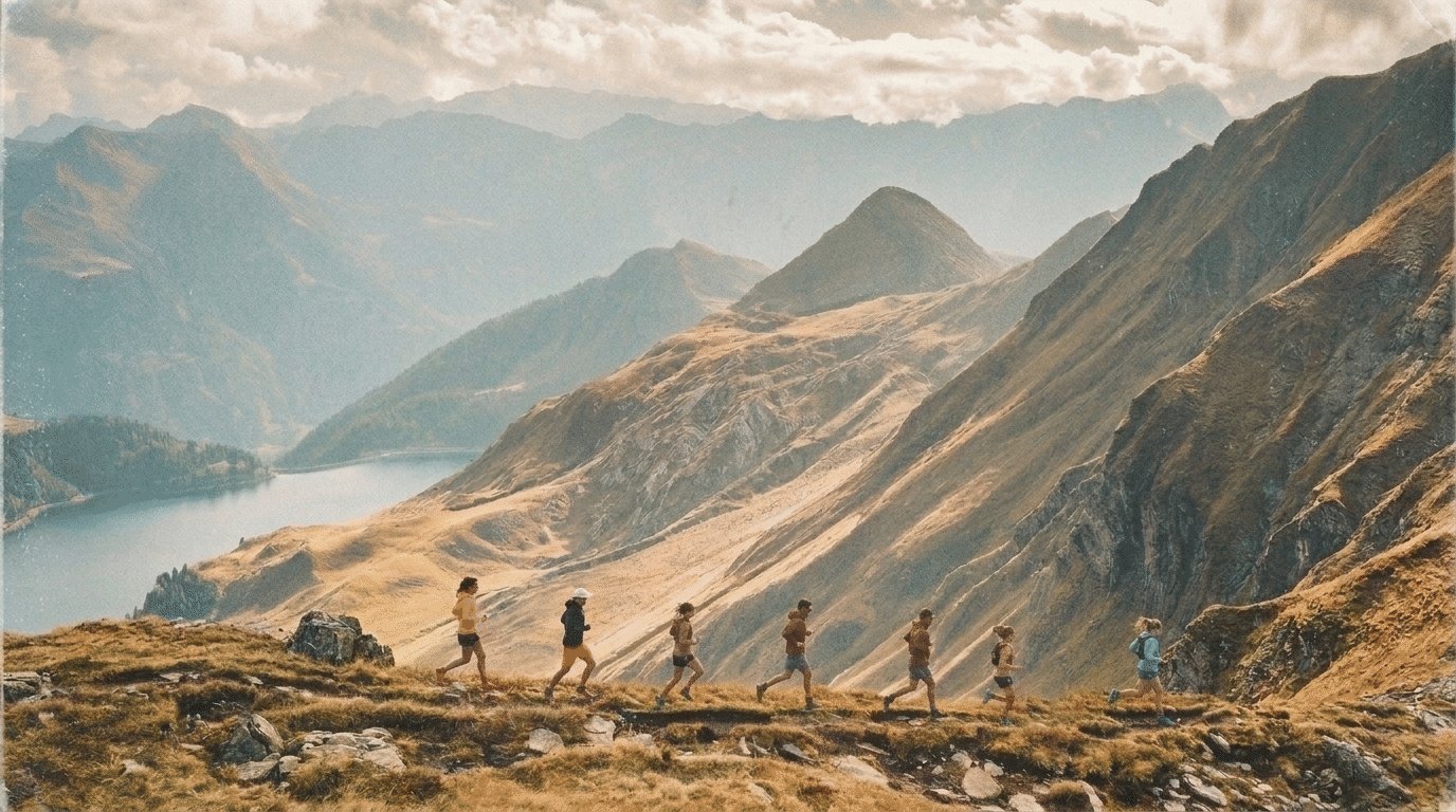 A group of runners following a trail above a mountain lake